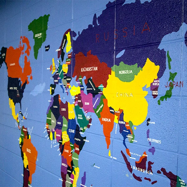 World map painted on wall