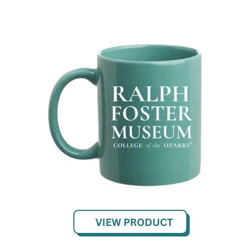 Ralph Foster Museum at College of the Ozarks teal mug with white writing. 11 oz. traditional ceramic mug. Double-sided print.

-Microwave and Dishwasher safe: Convenient for everyday use. 