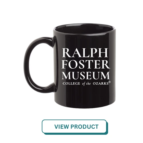 Ralph Foster Museum at College of the Ozarks black mug with white writing. 11 oz. traditional ceramic mug. Double-sided print.

-Microwave and Dishwasher safe: Convenient for everyday use. 